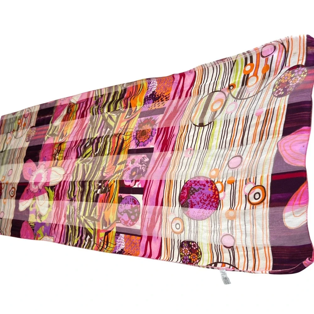 Silk Scarf Made in France Abstract Floral Print Pink Chic Eclectic Y2K Colorful - Picture 12 of 13